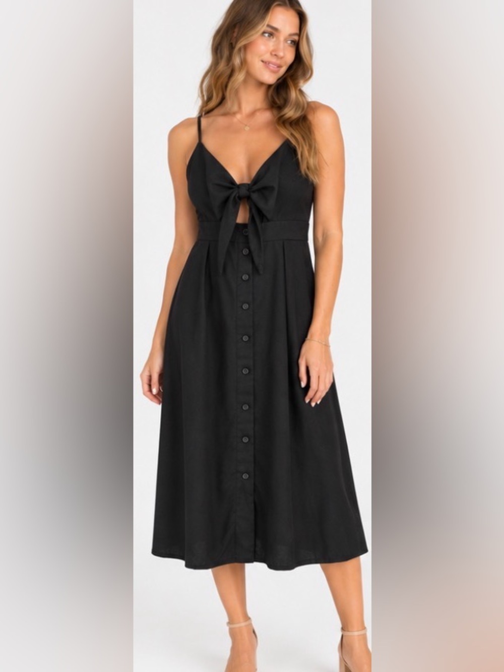 Ecowish Black Tie Front Button Midi Dress Smocked Back XL